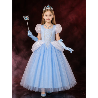 Girls Cinderella Princess Dress Costume Set - Light Blue Sparkly Tulle with lifestyle