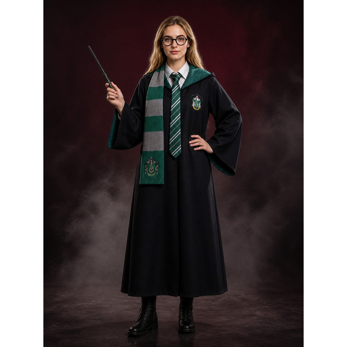 Slytherin Wizard Robe Costume Set for Halloween with Scarf, Tie, Glasses & Wand lifestyle