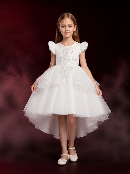 Girls' White Princess Dress, Layered Tulle Skirt with Lace Floral Embroidery and