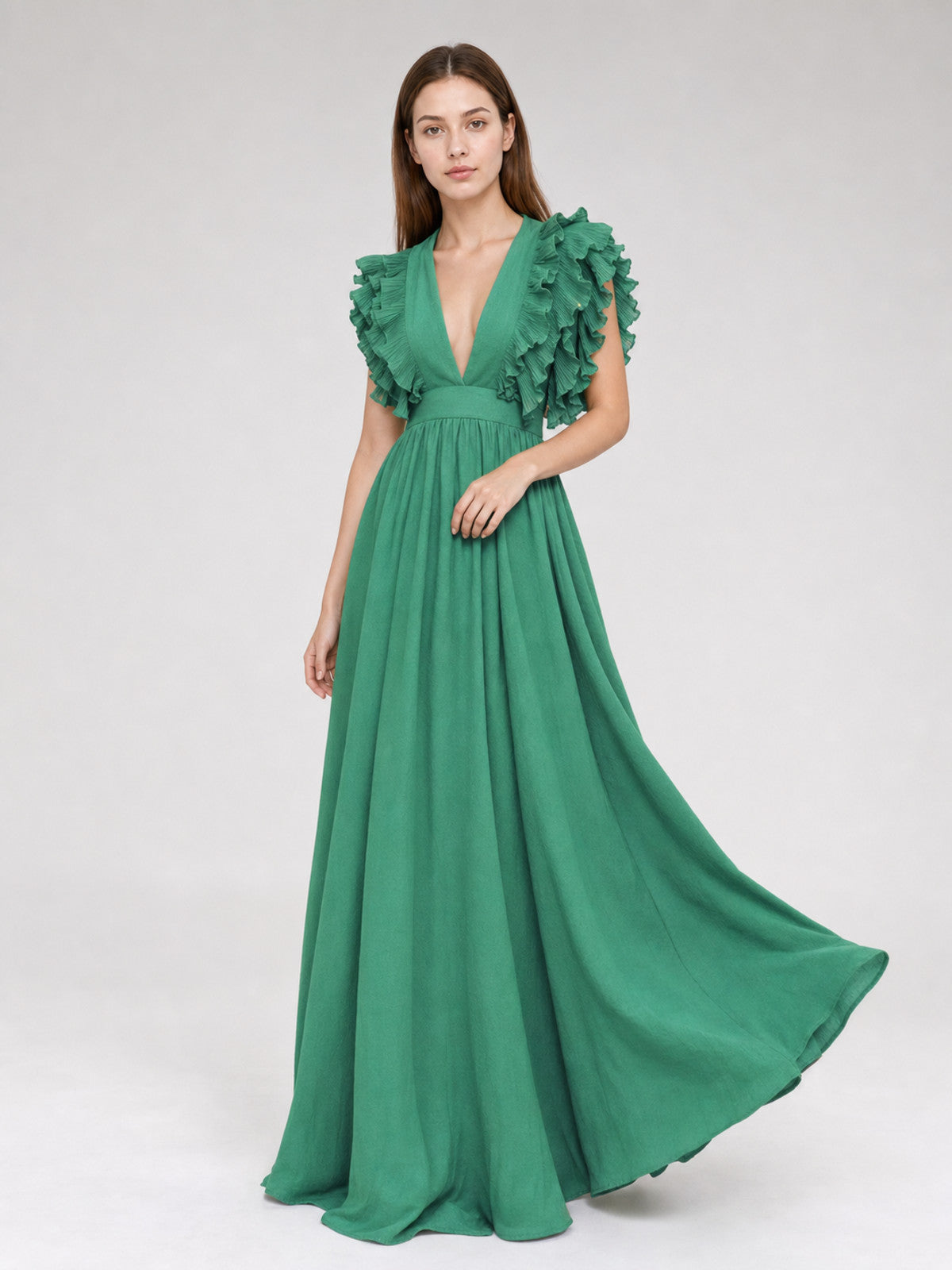 Emerald Green Maxi Dress with a V-Neckline