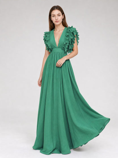Emerald Green Maxi Dress with a V-Neckline