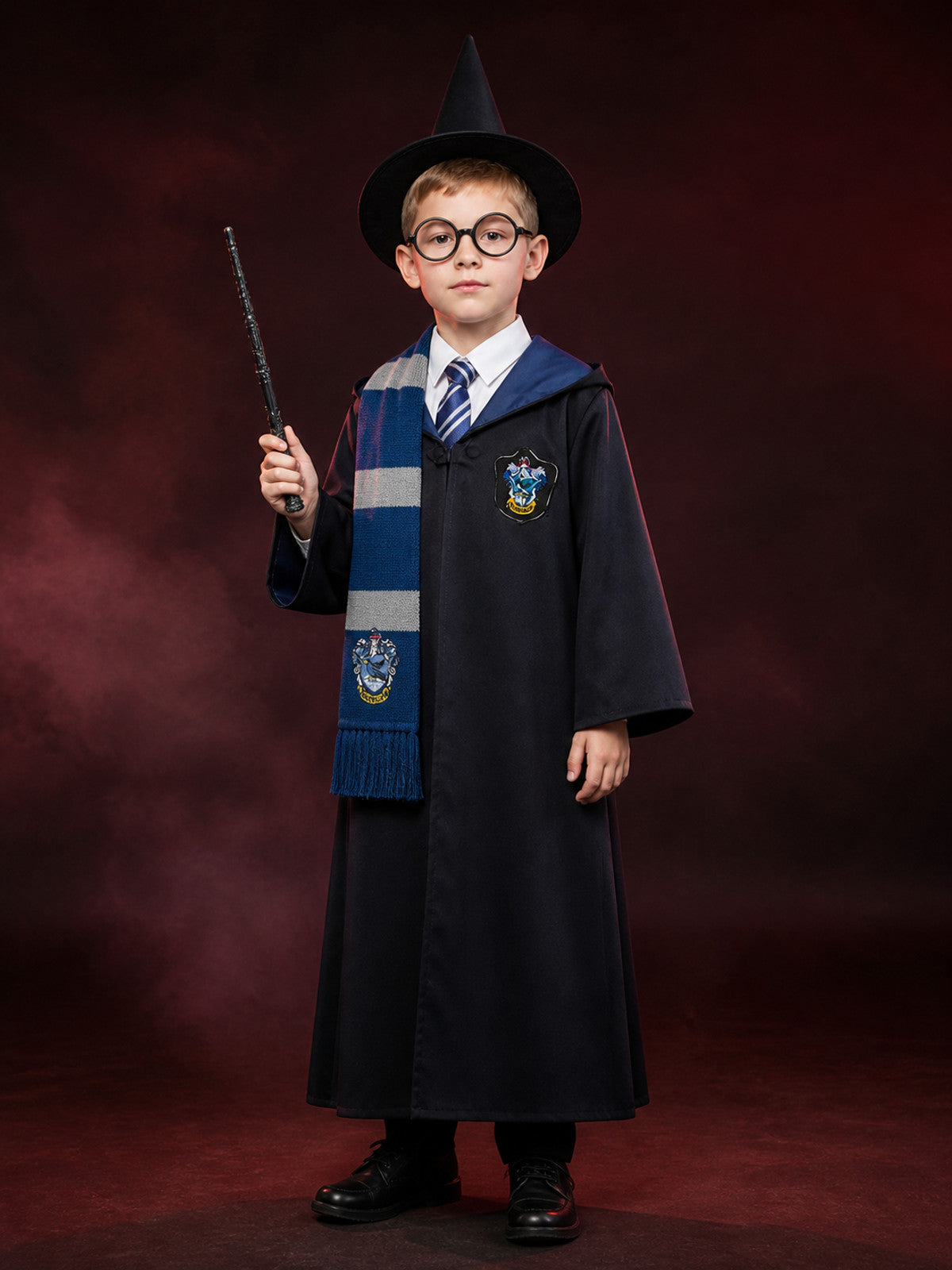 Wizard Robe Costume Set with Scarf, Tie, Hat, Glasses and Wand - Halloween