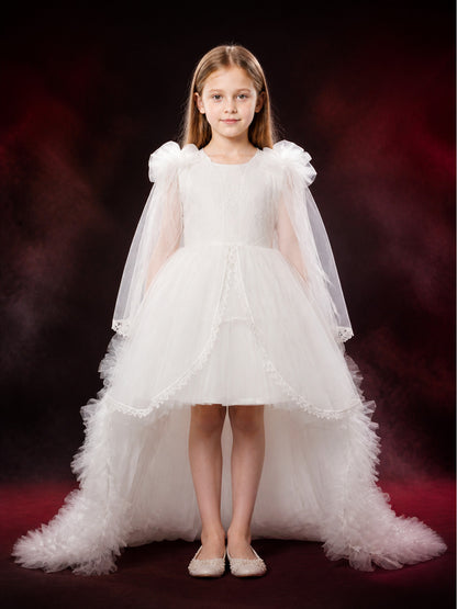 Toddler Girls' White Princess Dress with Lace Trim, Long Sleeves and Tiered main product view