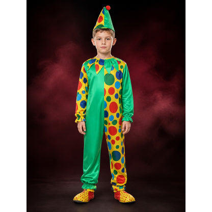 Kids' Clown Bodysuit Costume Set with Pointed Hat, Multicolor Polka Dot Design main product view
