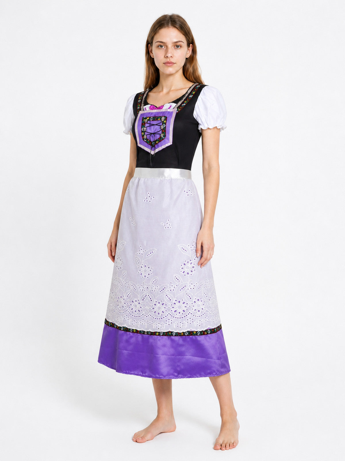 Dress with Floral Embroidery and Puff Sleeves