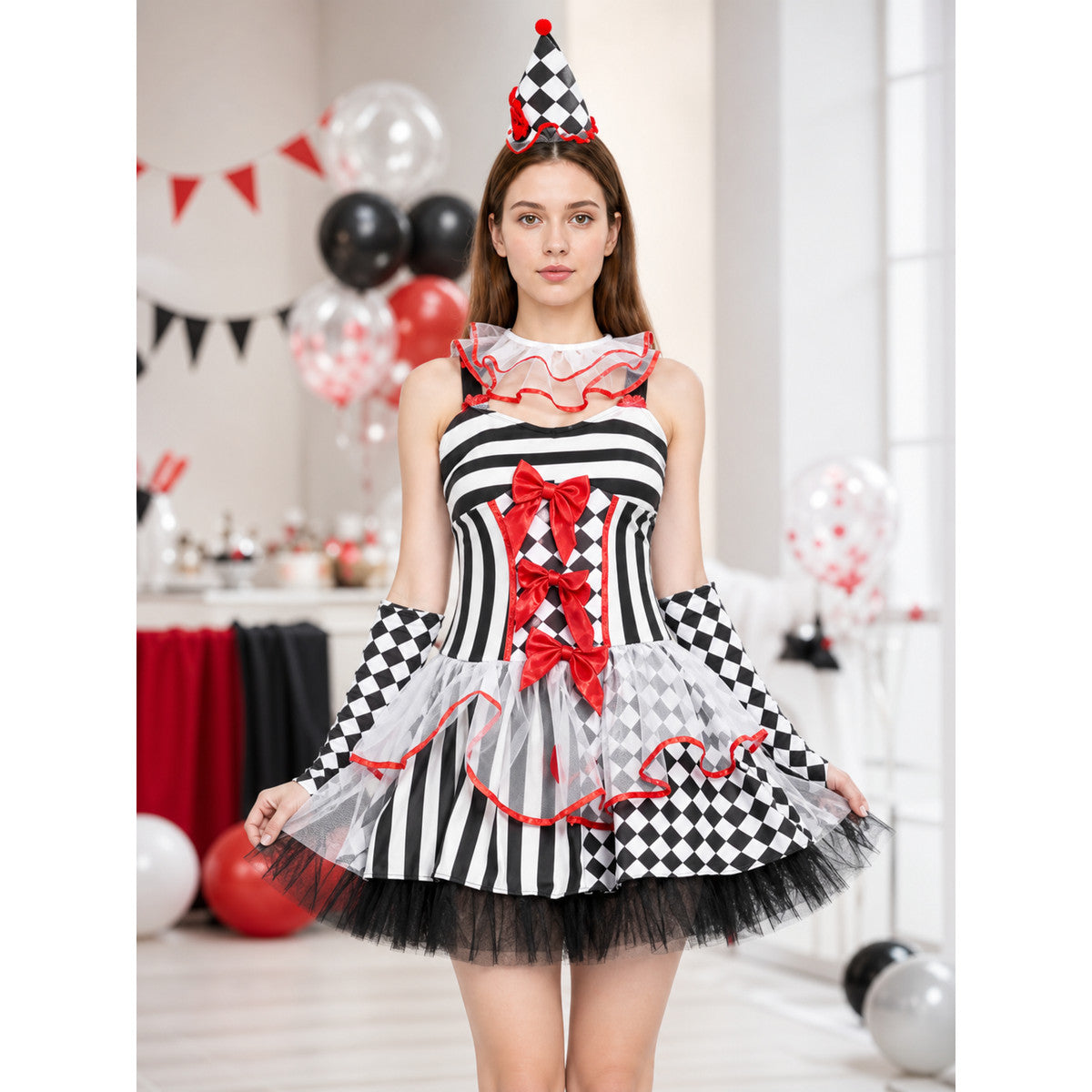 Clown Costume for Performances with Dress and Gloves lifestyle view