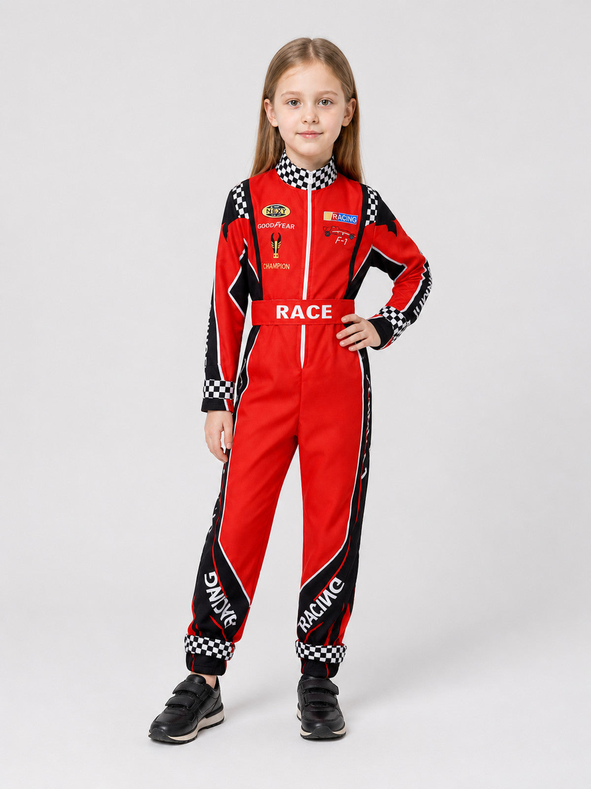 Red Racing Jumpsuit with Checkered Pattern, 110-XXXL