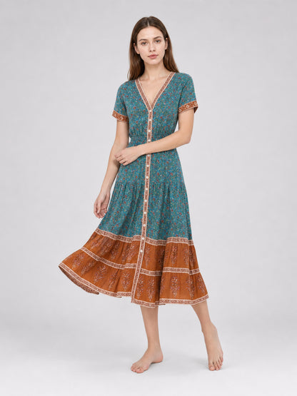 Printed Midi Dress with Short Sleeves