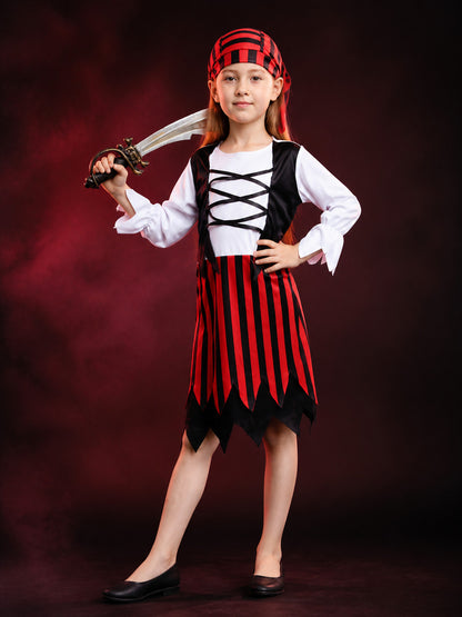 Kids' Red Black Pirate Costume Set with Striped Skirt and Hat, Halloween Outfit