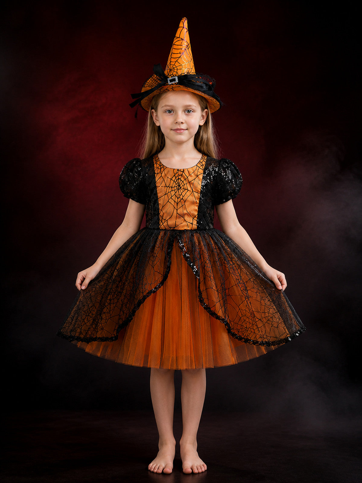 Girls' Witch Costume Dress Set with Hat, Orange Black Spiderweb Lace Halloween main product view