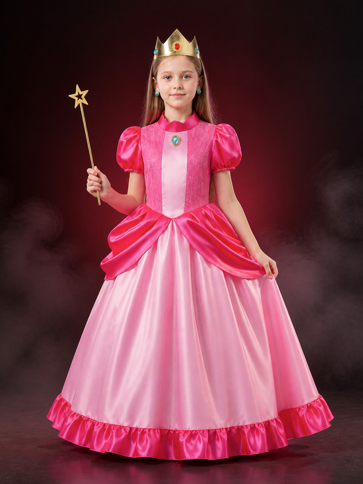 Kids Princess Costume Set With Pink Lace Ruffle Ball Gown, Crown And Star Magic