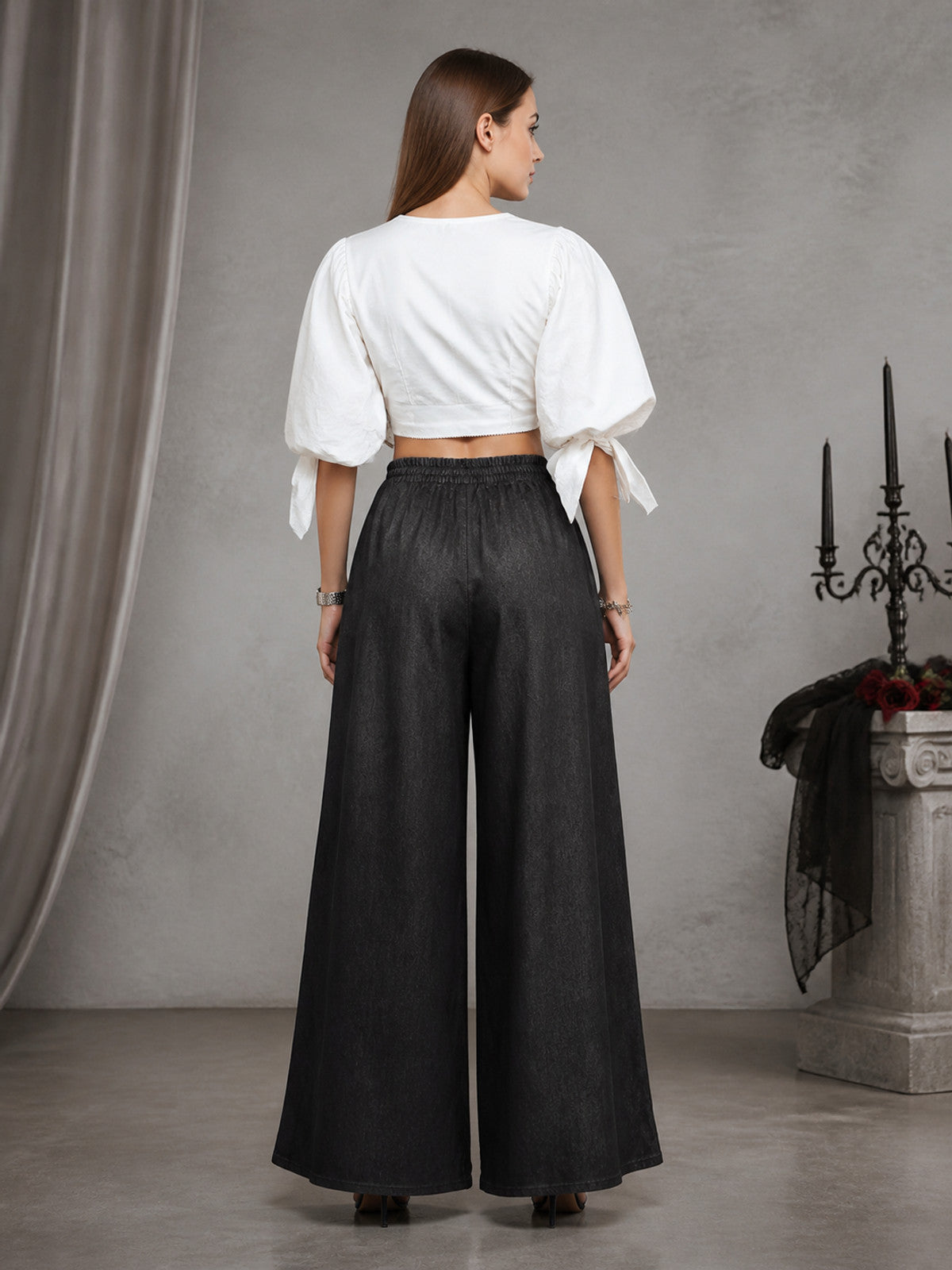 Solid Black Wide-Leg Pants with Elastic Waist and Contrast White Drawstrings