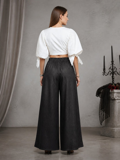 Solid Black Wide-Leg Pants with Elastic Waist and Contrast White Drawstrings