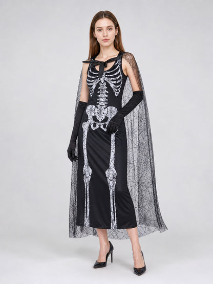 Gothic-style Halloween costume with dress and accessories: a black sleeveless