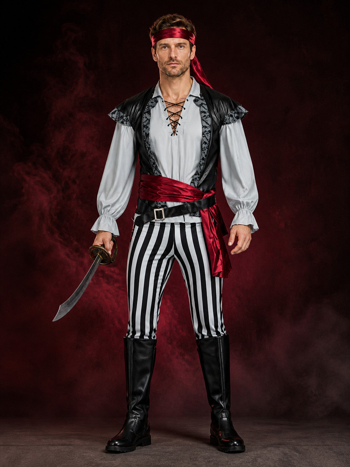 Adult Pirate Costume Set with Striped Pants, Vest, Shirt, Headscarf and Belts main product view