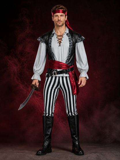 Adult Pirate Costume Set with Striped Pants, Vest, Shirt, Headscarf and Belts main product view