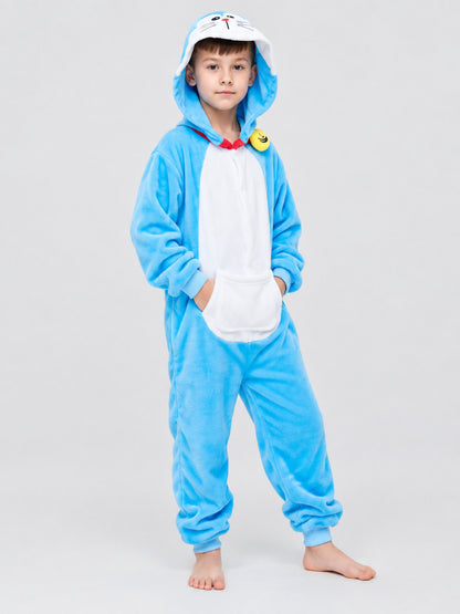 Blue Flannel Hooded Pajama Jumpsuit