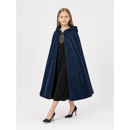Blue velvet-look hooded cloak shown full-body on a child over a black dress, with an open front