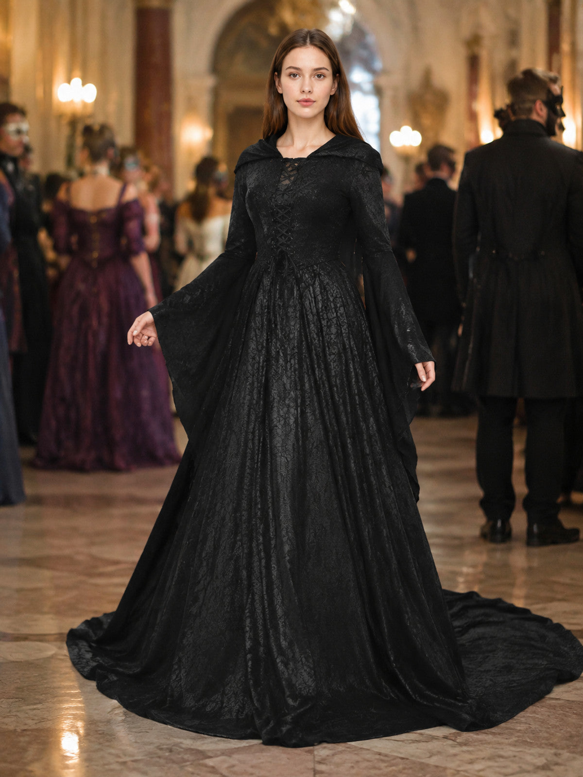 Medieval Hooded Dress with Train lifestyle view
