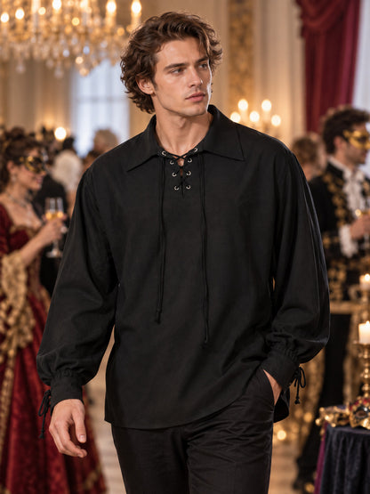 Black Pirate-Style Shirt with Lacing and Ties