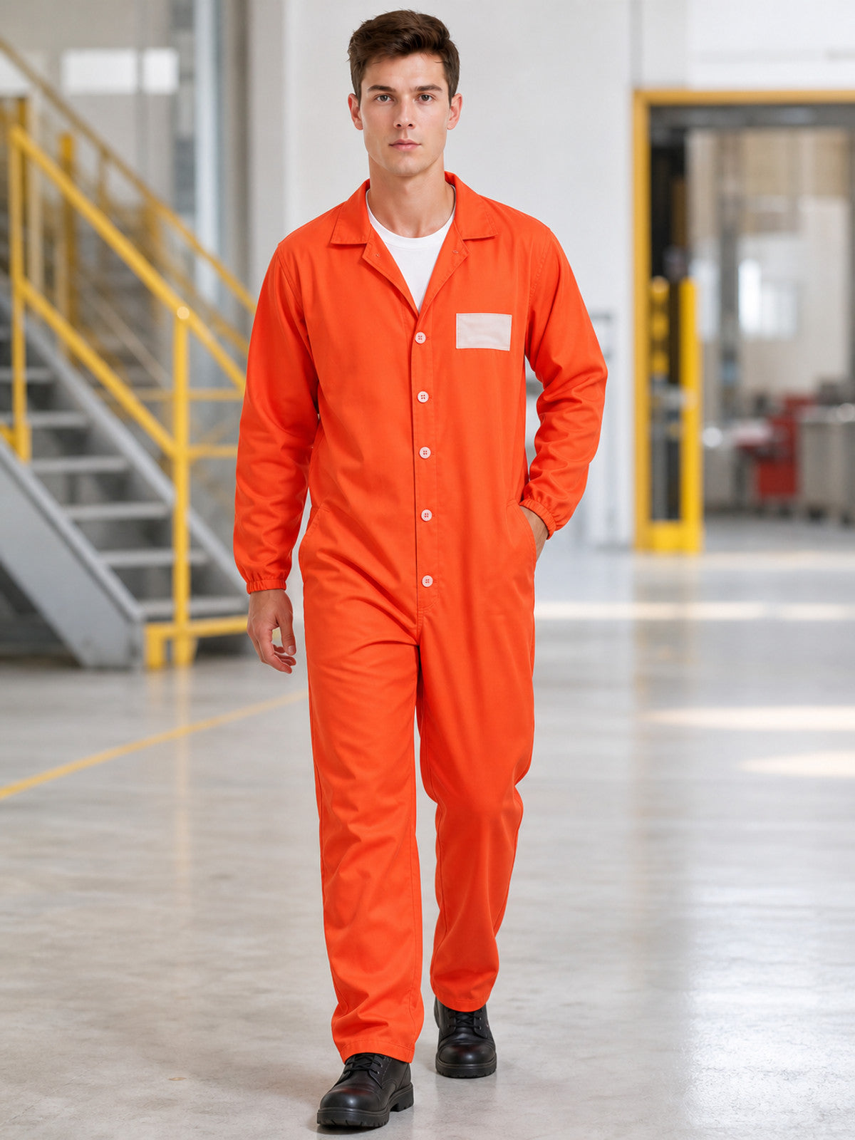 Orange coverall with a smooth fabric look, collared button front, chest patch, and elastic cuffs, shown full-body on a model in an industrial setting