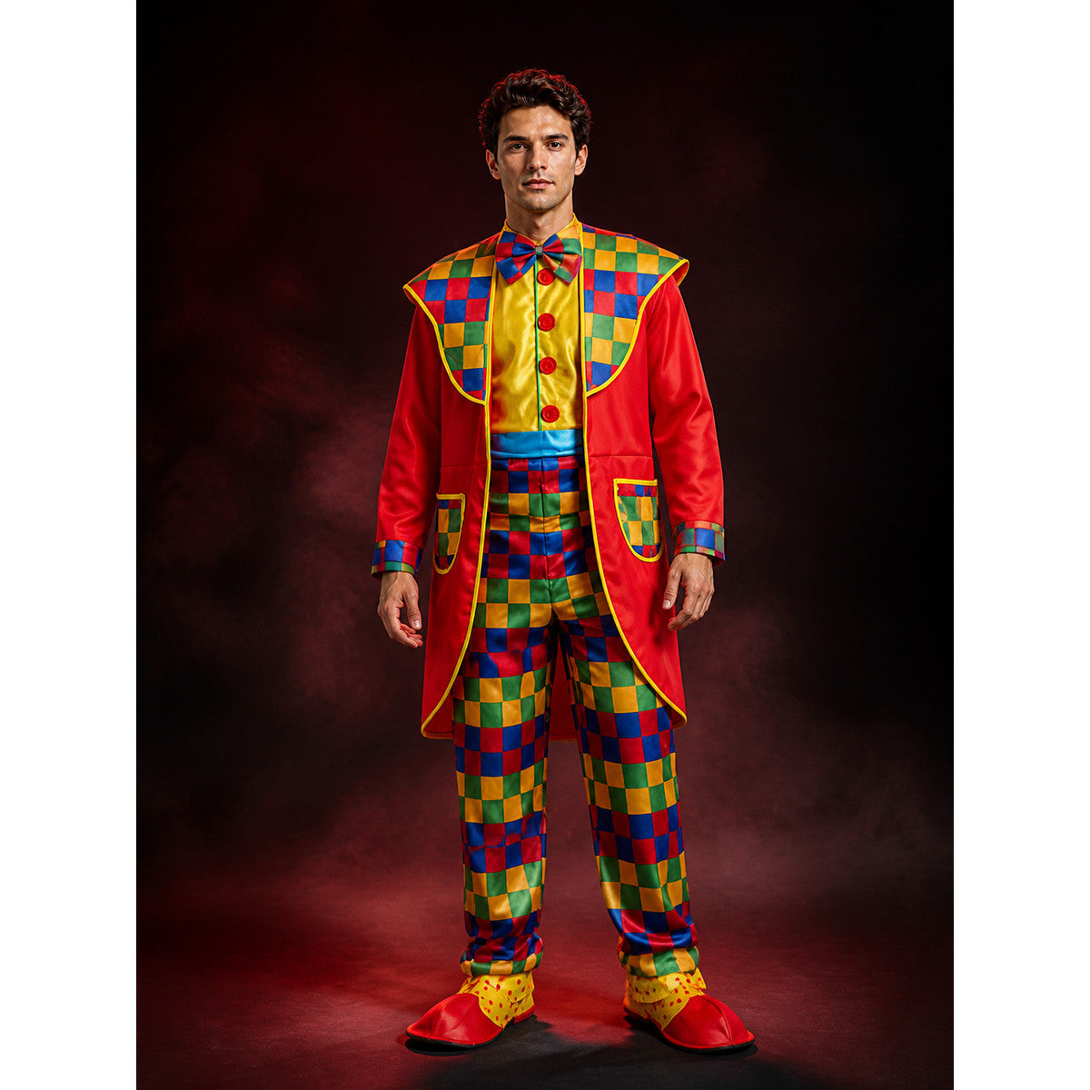 Unisex Clown Circus Costume Set, Multicolor Checkered Coat and Jumpsuit with Bow lifestyle