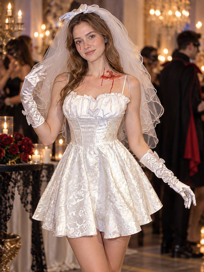 White Halloween Vampire Costume: Veil, Gloves, Blood