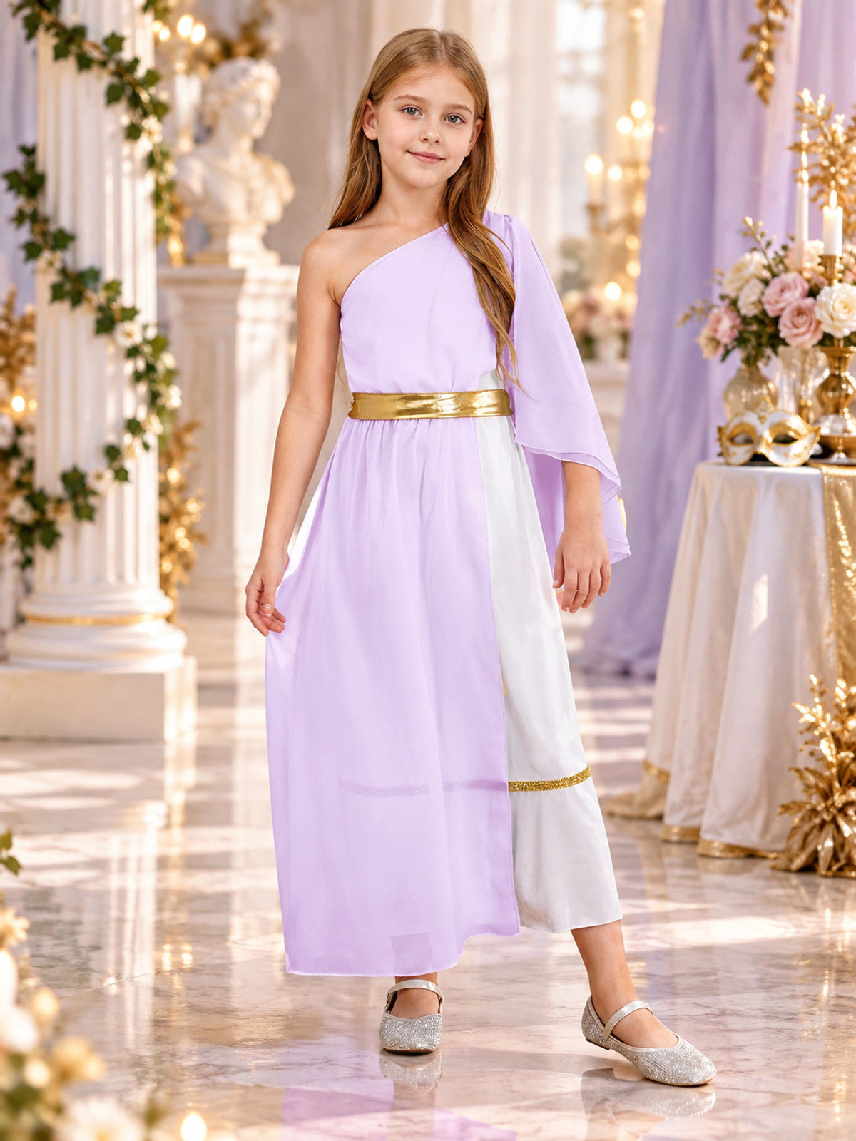 Carnival Dress with One-Shoulder Neckline and Gold-Tone Belt