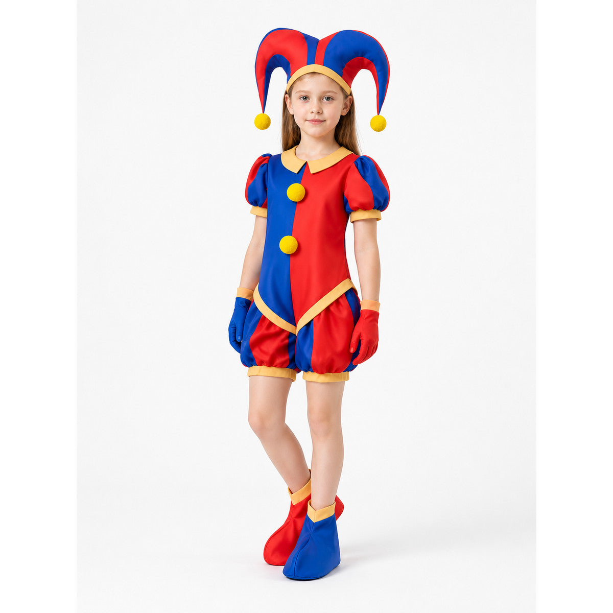 Red-and-Blue Pomni Clown Jumpsuit with Yellow Pom-Poms product detail