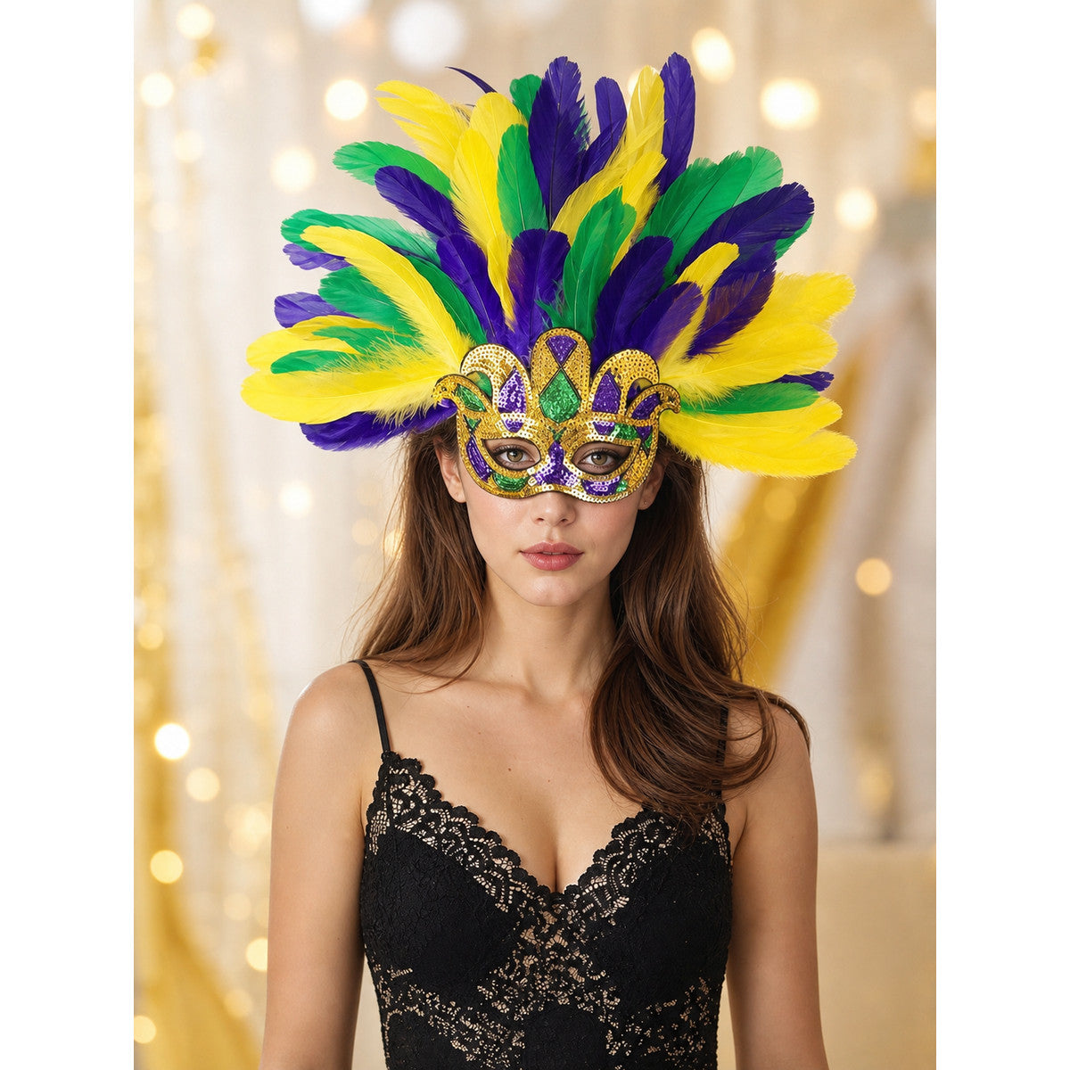Carnival Headpiece with Feathers and Mask lifestyle