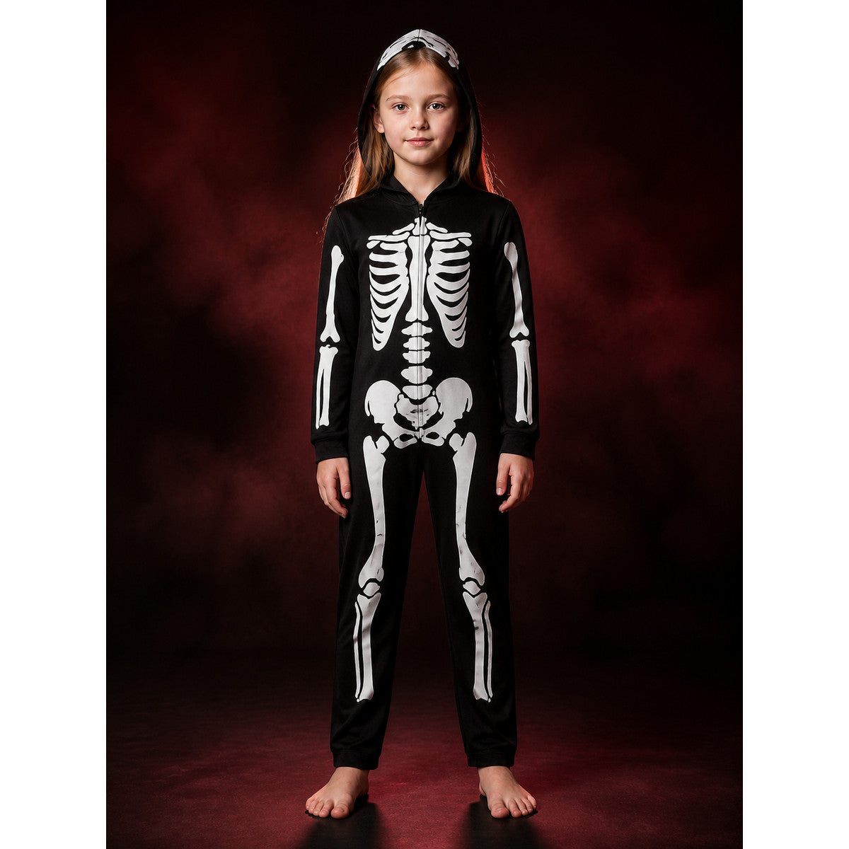 Glow In The Dark Skeleton Bodysuit Costume, Fluorescent Green Bones, Hooded Full main product view