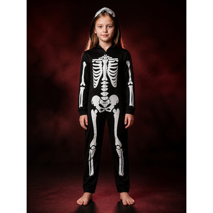 Glow In The Dark Skeleton Bodysuit Costume, Fluorescent Green Bones, Hooded Full main product view