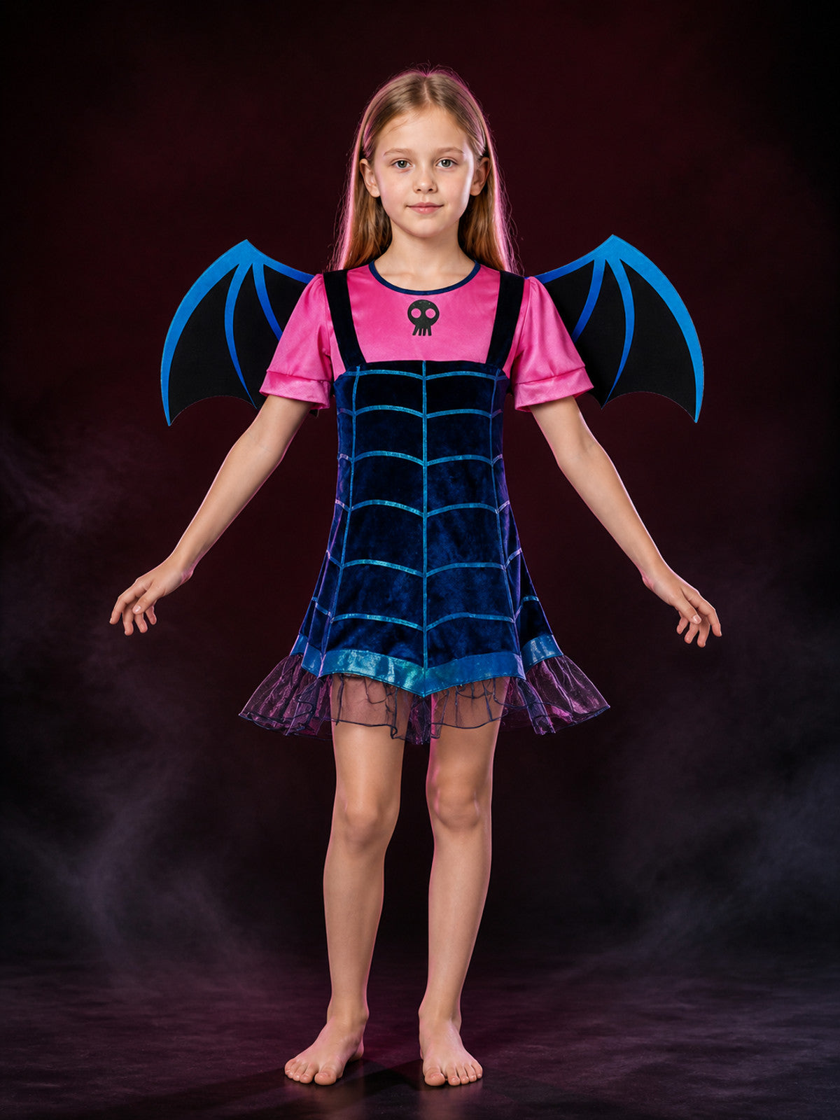 Kids Witch Costume Dress with Bat Wings, Witch Hat and Skeleton Detail Halloween