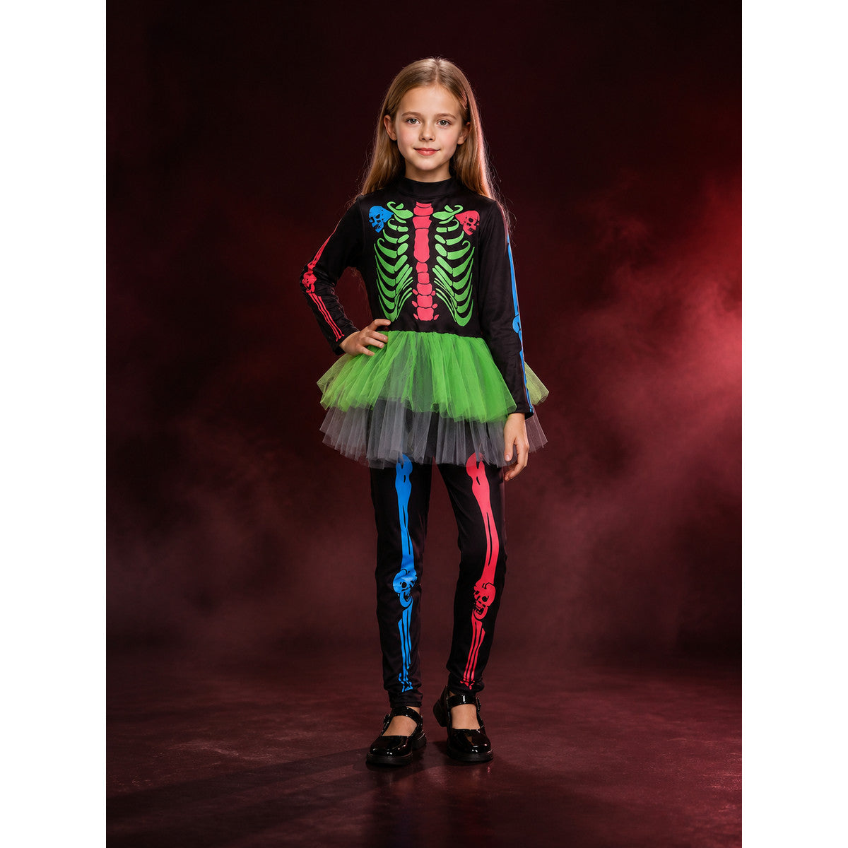 Girls Skeleton Bodysuit Costume with Mesh Tutu Skirt, Colorful Print Halloween main product view