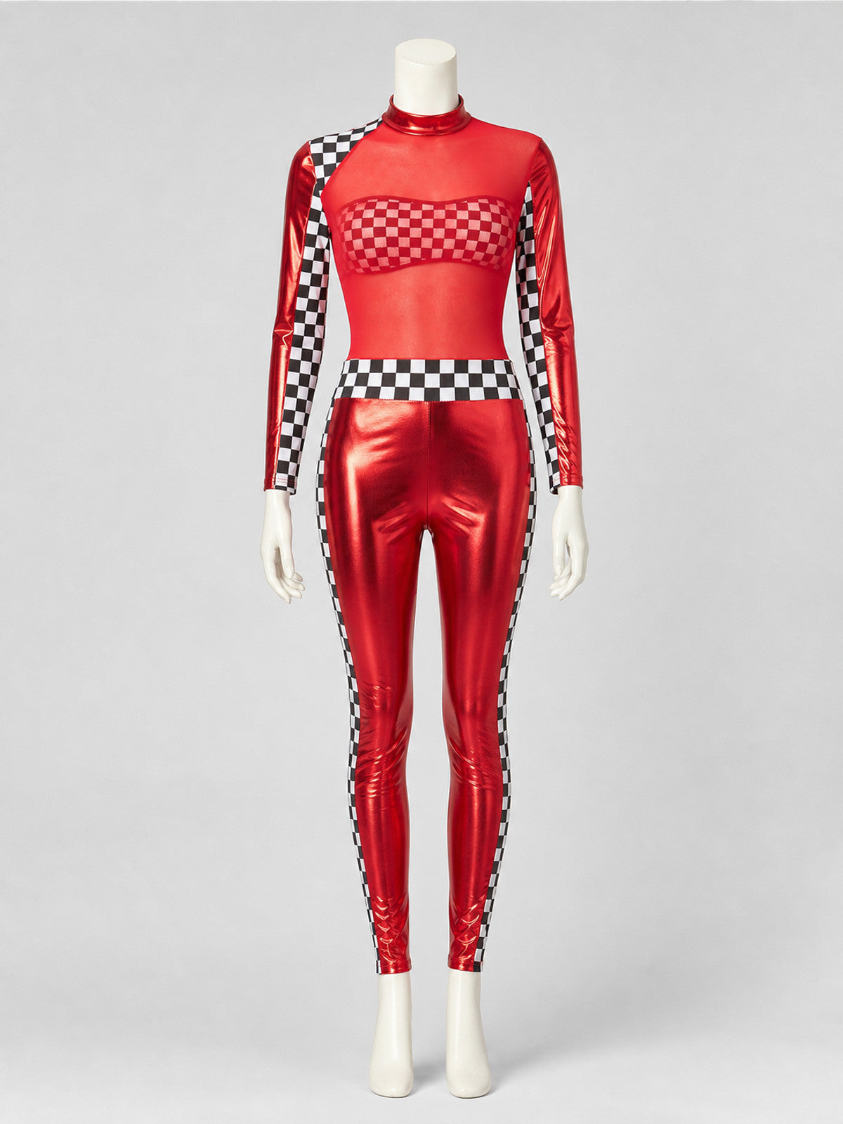 Red Stage Costume with Black-and-White Checkered Pattern Costumes detail