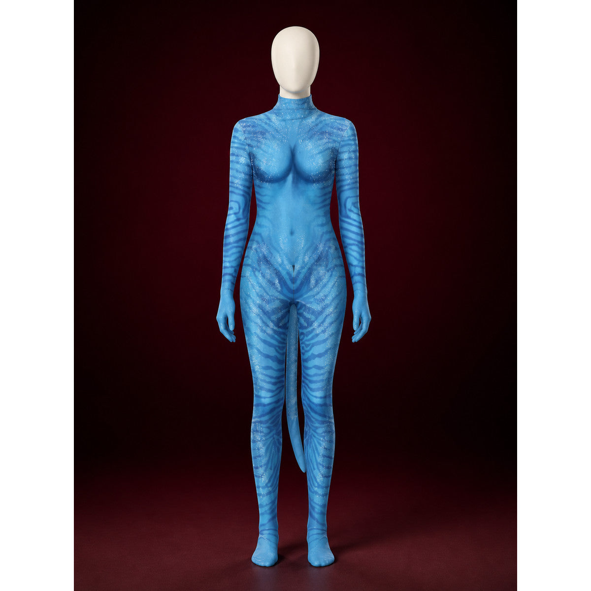 Front view of the blue striped full-body bodysuit with tail on a mannequin against a dark red background