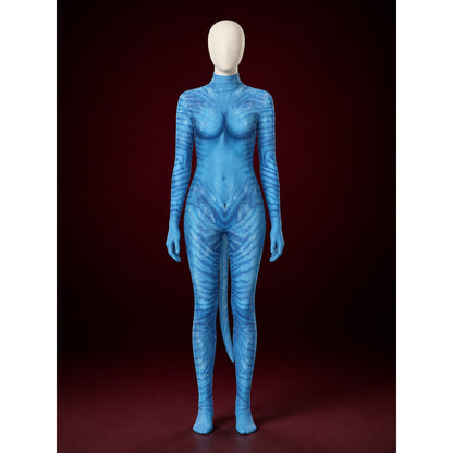 Front view of the blue striped full-body bodysuit with tail on a mannequin against a dark red background