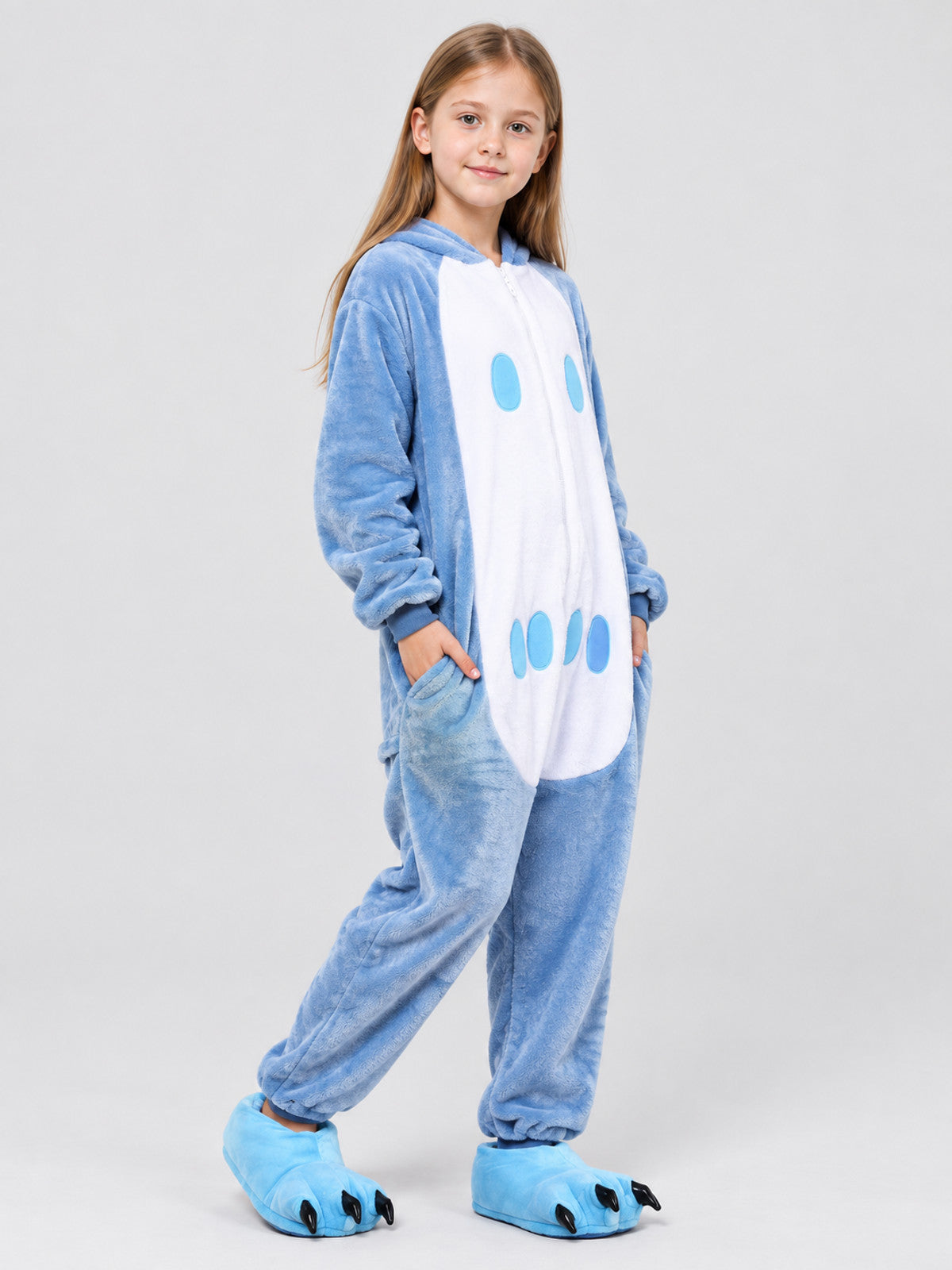 Blue and White Flannel Pajama Jumpsuit with Pockets