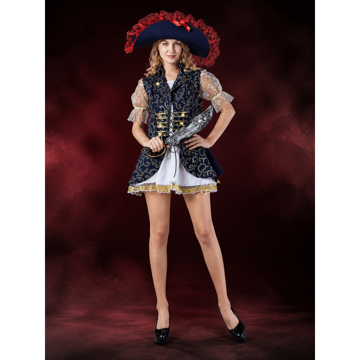 Women's Pirate Captain Costume Set, White Dress with Blue Vest and Gold Trim lifestyle