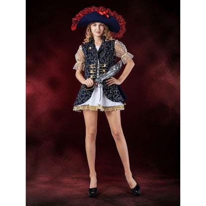 Women's Pirate Captain Costume Set, White Dress with Blue Vest and Gold Trim lifestyle