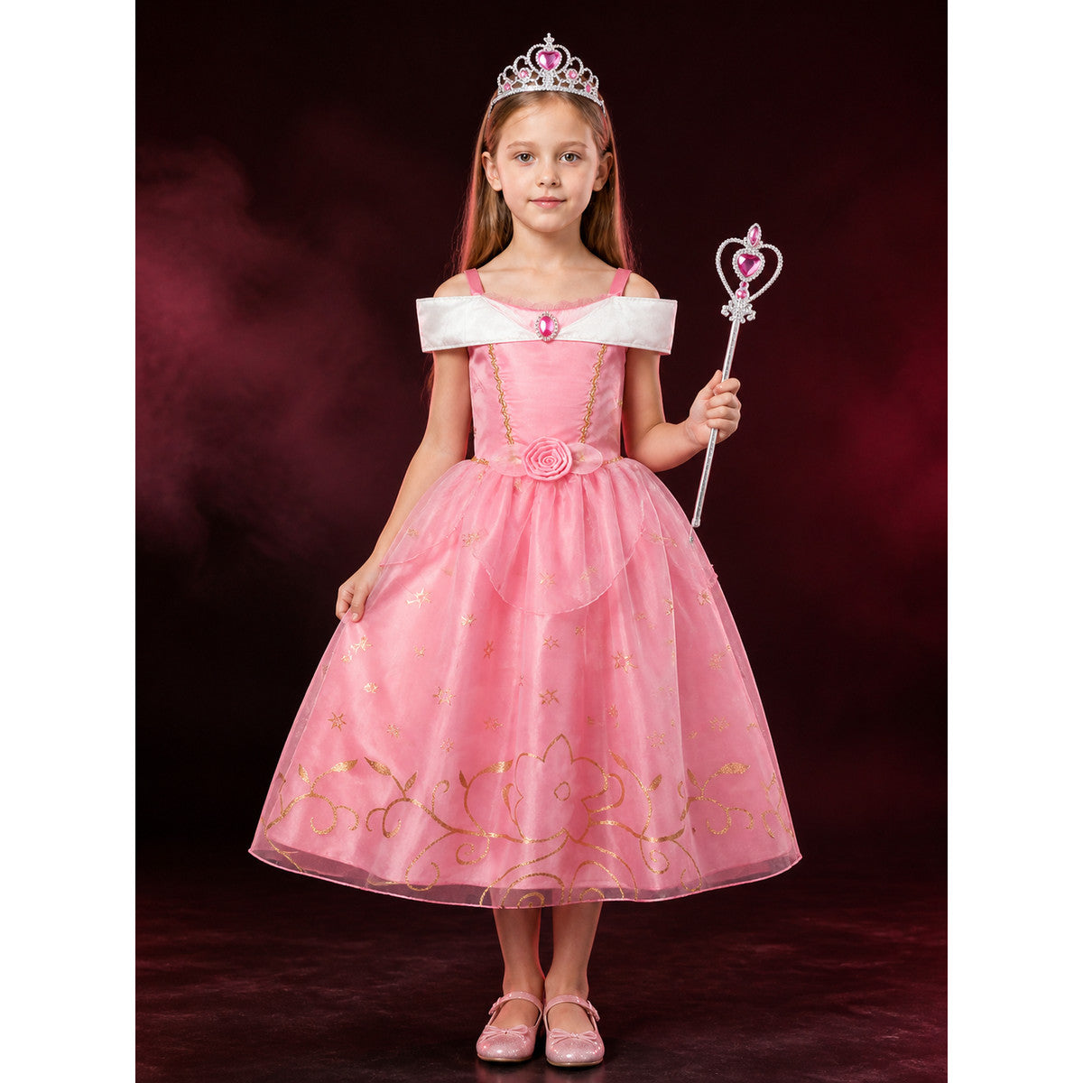 Girls Princess Costume Set - Pink Tulle Dress, Crown & Wand, Gold Star Decor for main product view