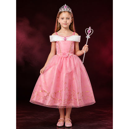 Girls Princess Costume Set - Pink Tulle Dress, Crown & Wand, Gold Star Decor for main product view