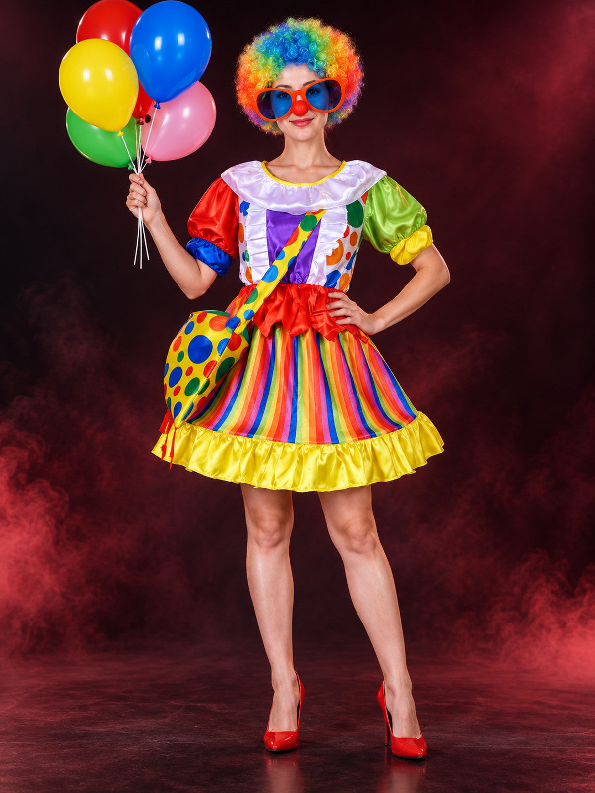 Clown Carnival Costume: Rainbow Dress and 9 Accessories