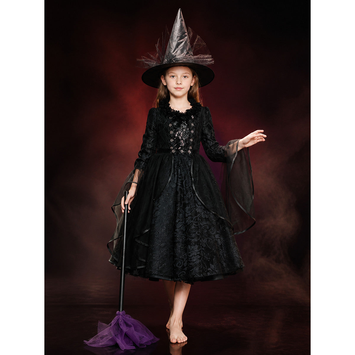 Black Gothic Witch Costume Set with Dress and Hat, Mesh Trim, Halloween Outfit lifestyle