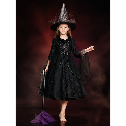 Black Gothic Witch Costume Set with Dress and Hat, Mesh Trim, Halloween Outfit lifestyle
