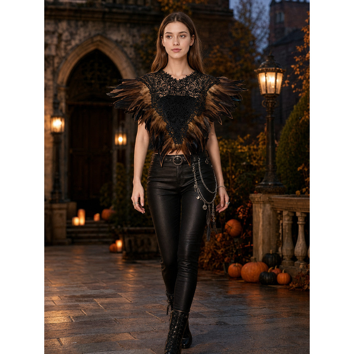 Khaki Feather Lace Shawl, Black Draped Lace Center, Brown & Black Multi-Layer Feather Trim, Floral Cutout Lace, Pointed Edge, Stage Costume