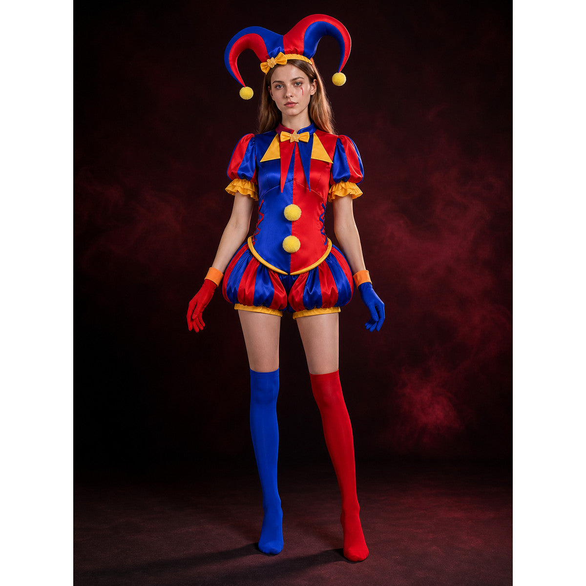 Pomni Clown Costume Set, Red Blue Jester Outfit with Hat, Collar & Gloves main product view