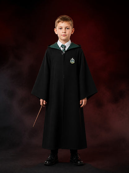 Kids Wizard School Costume, Long Black Robe with Green Trim and Badge