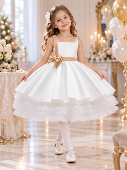 White Girls' Party Dress with Gold Bow