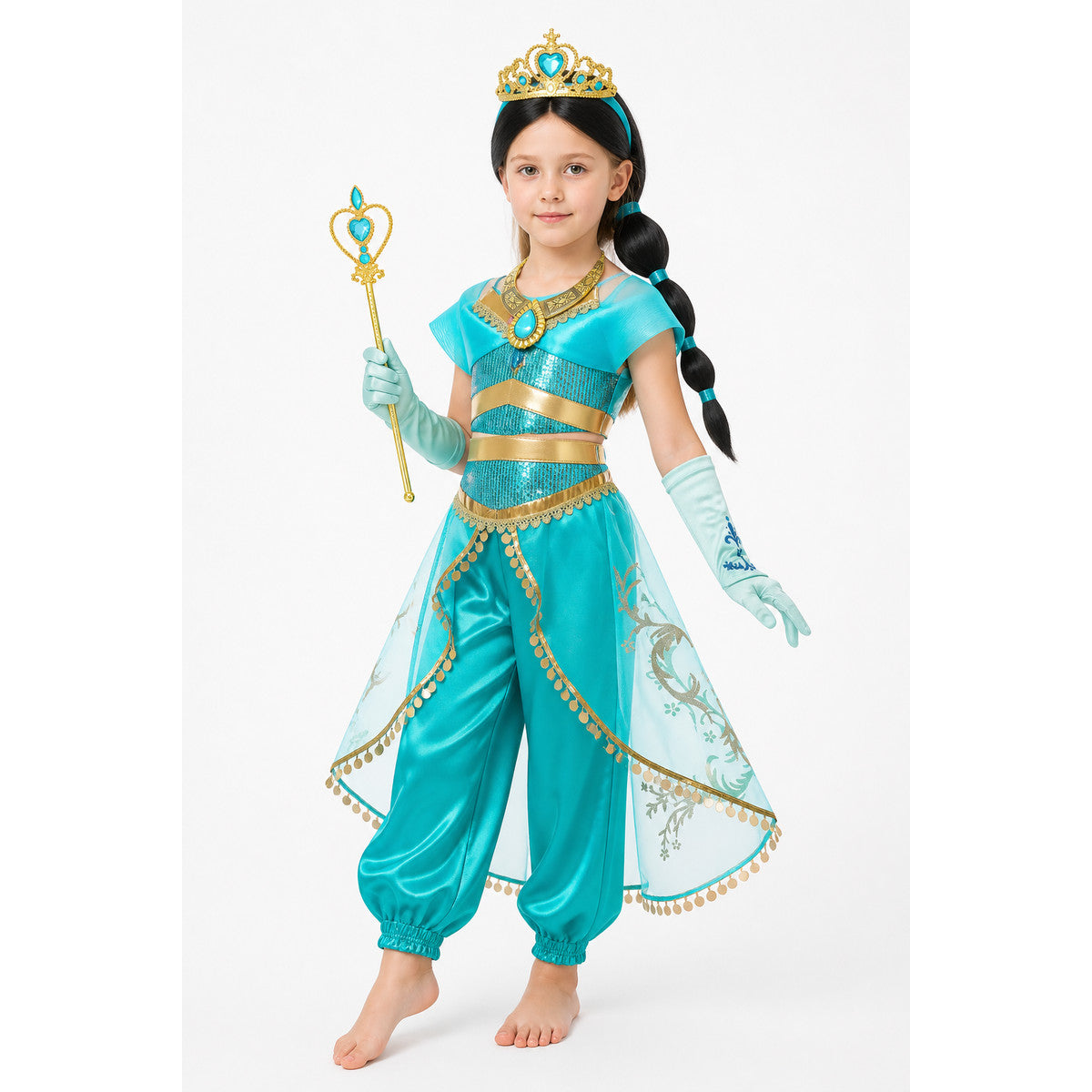 Jasmine Carnival Costume from Aladdin with Crown and Wig Costume Wigs detail